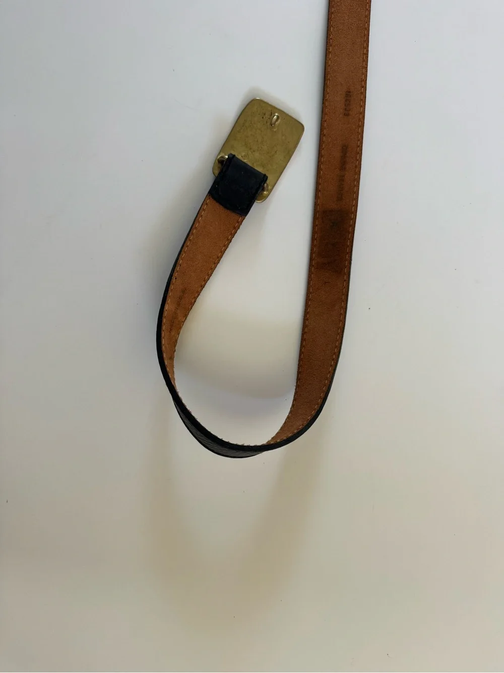 Donna Karan Black Leather Belt with Brass Plaque Buckle